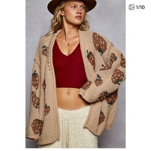 POL Tan Strawberry Print Cardigan